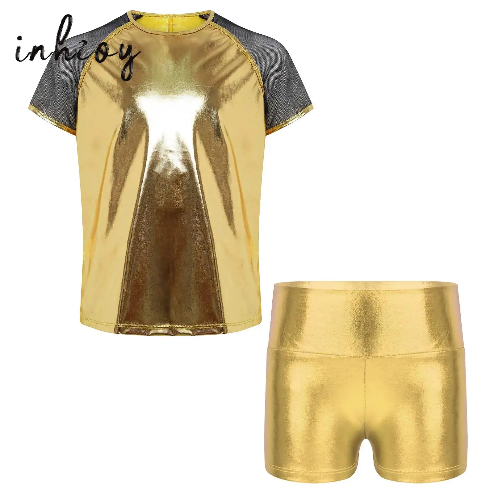 

Kids Unisex Hip-Hop Jazz Dance Outfit Sheer Round Neck Short Sleeves Metallic T-shirt Blouse with Shiny Shorts for Dance Traning