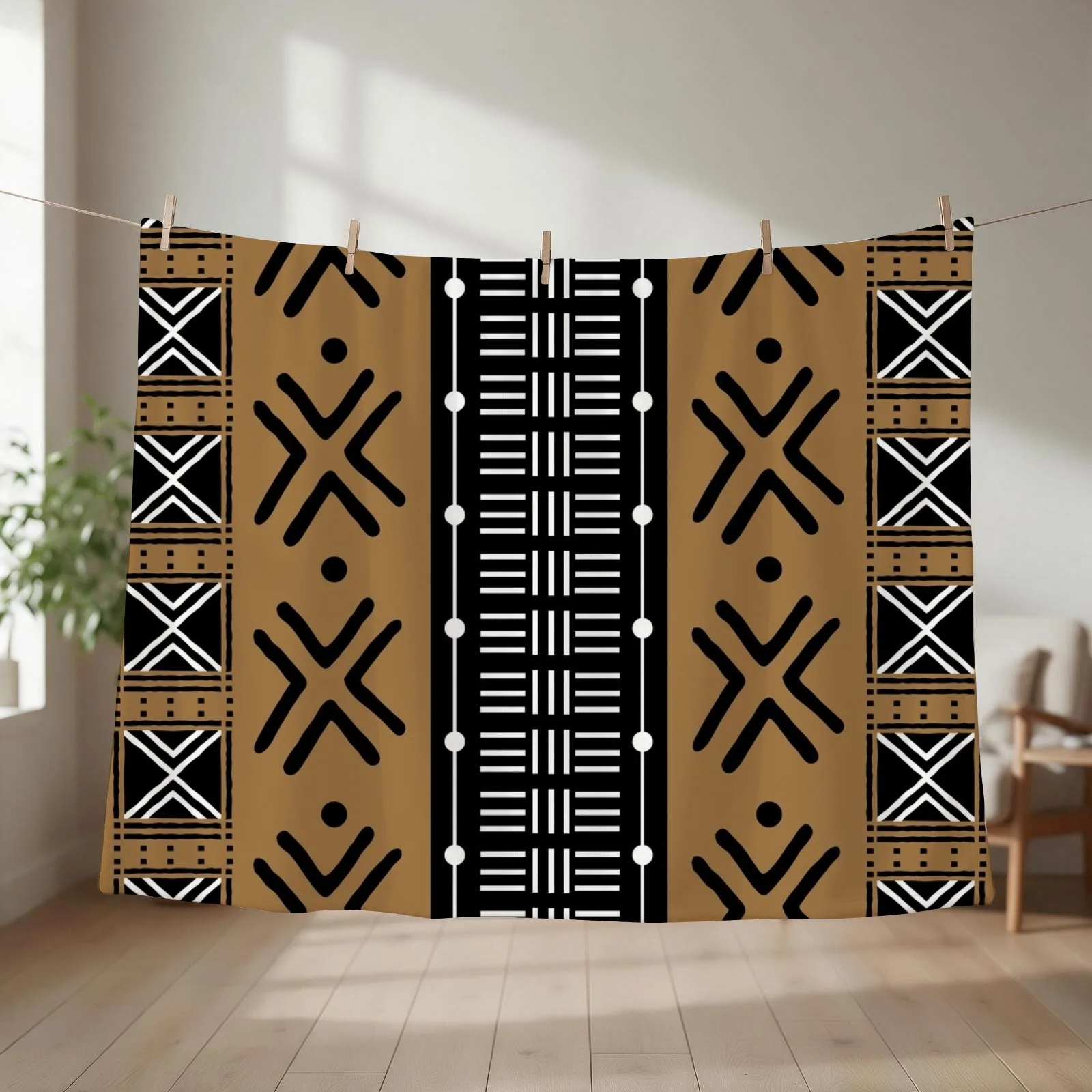 Tan African Tribal Mud Cloth Pattern Throw Blanket couch cozy soft plush fuzzy picnic outdoor blanket