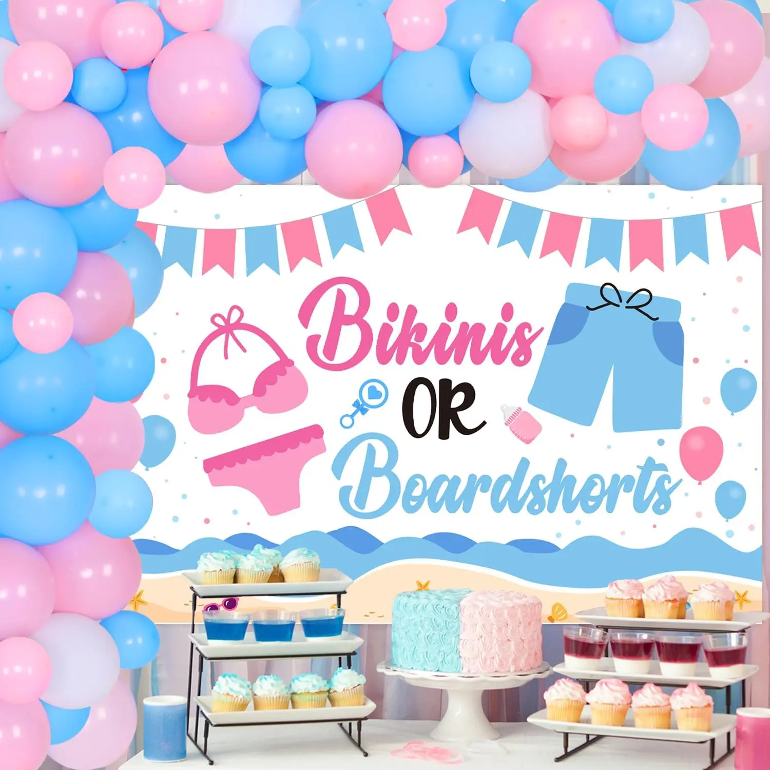 Funmemoir Bikinis or Boardshorts Gender Reveal Decorations Pink Blue Balloon Garland Arch Beach Background Baby Shower Supplies