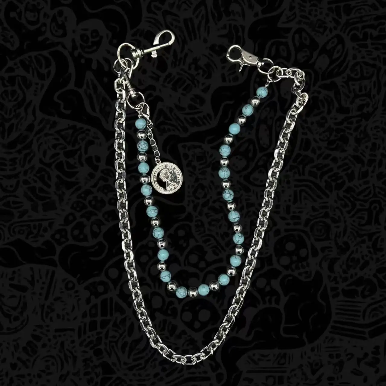 Blue Background With Black Patterns, Turquoise Handmade Beaded Jeans Chain, Vintage Street Style Detachable Single-Sided DIY