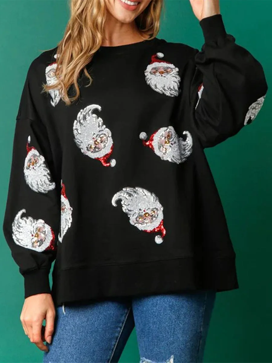 CLAloc Women Juniors Sequin Christmas Santa Claus Sweater Oversized Lantern Sleeve Sweatshirt Side Slit Sparkly Glitter Jumper