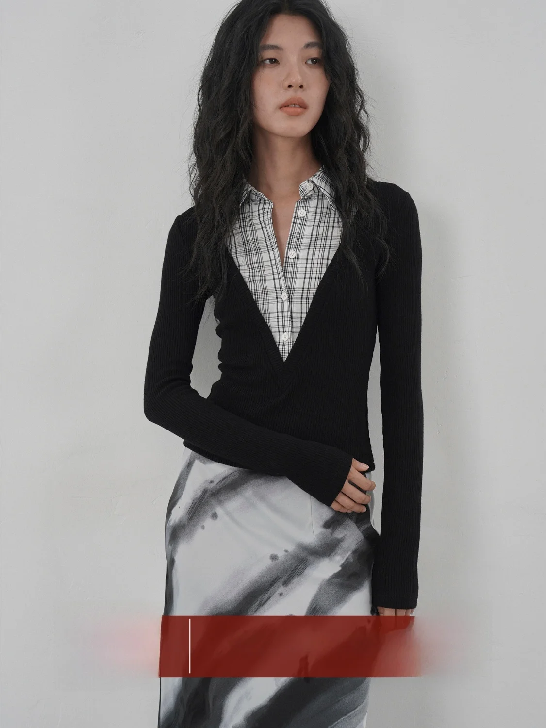 

Женский топ EIGHTHMONTH Bla с длинным рукавом, имитация двухслойности, повседневный, для офиса, из смесовой ткани с полиэстером