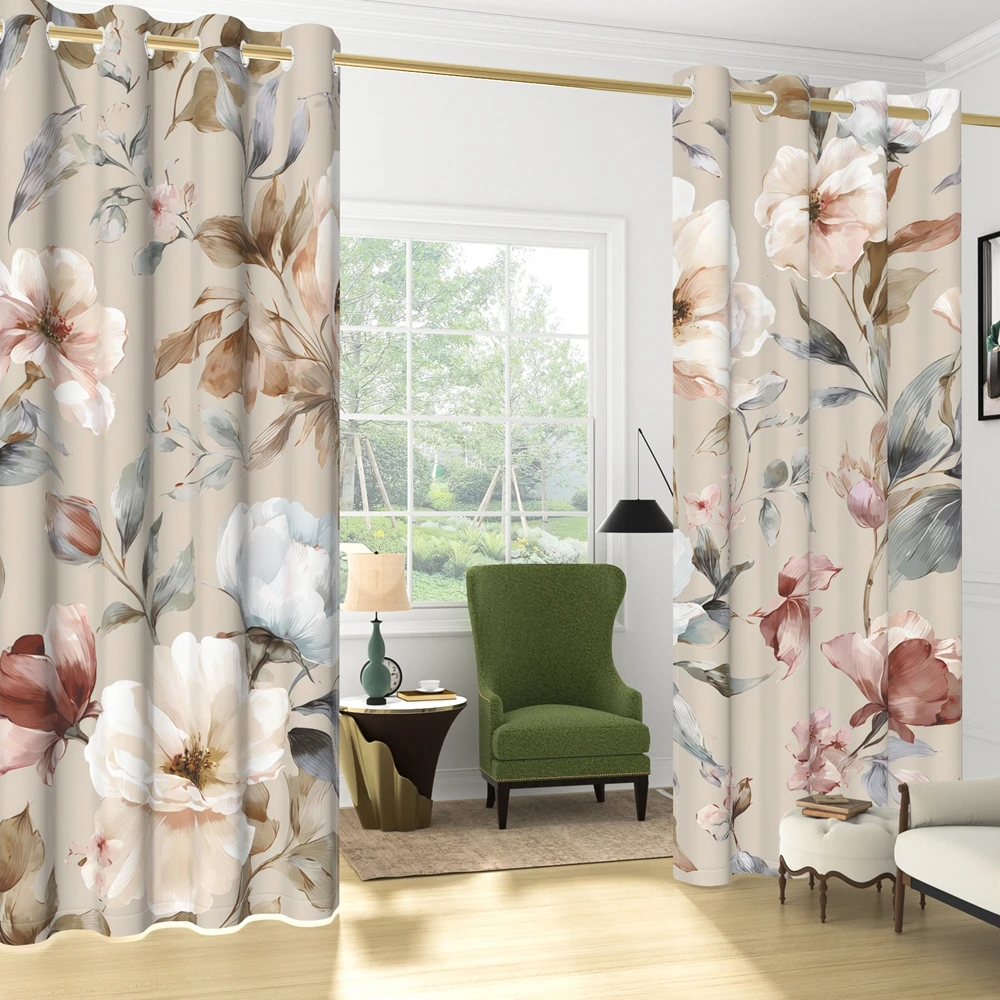Boho Watercolor Flower Blackout Curtains, Grommet Thermal Insulated Light Blocking Drapes, Decorative Floral Window Curtains