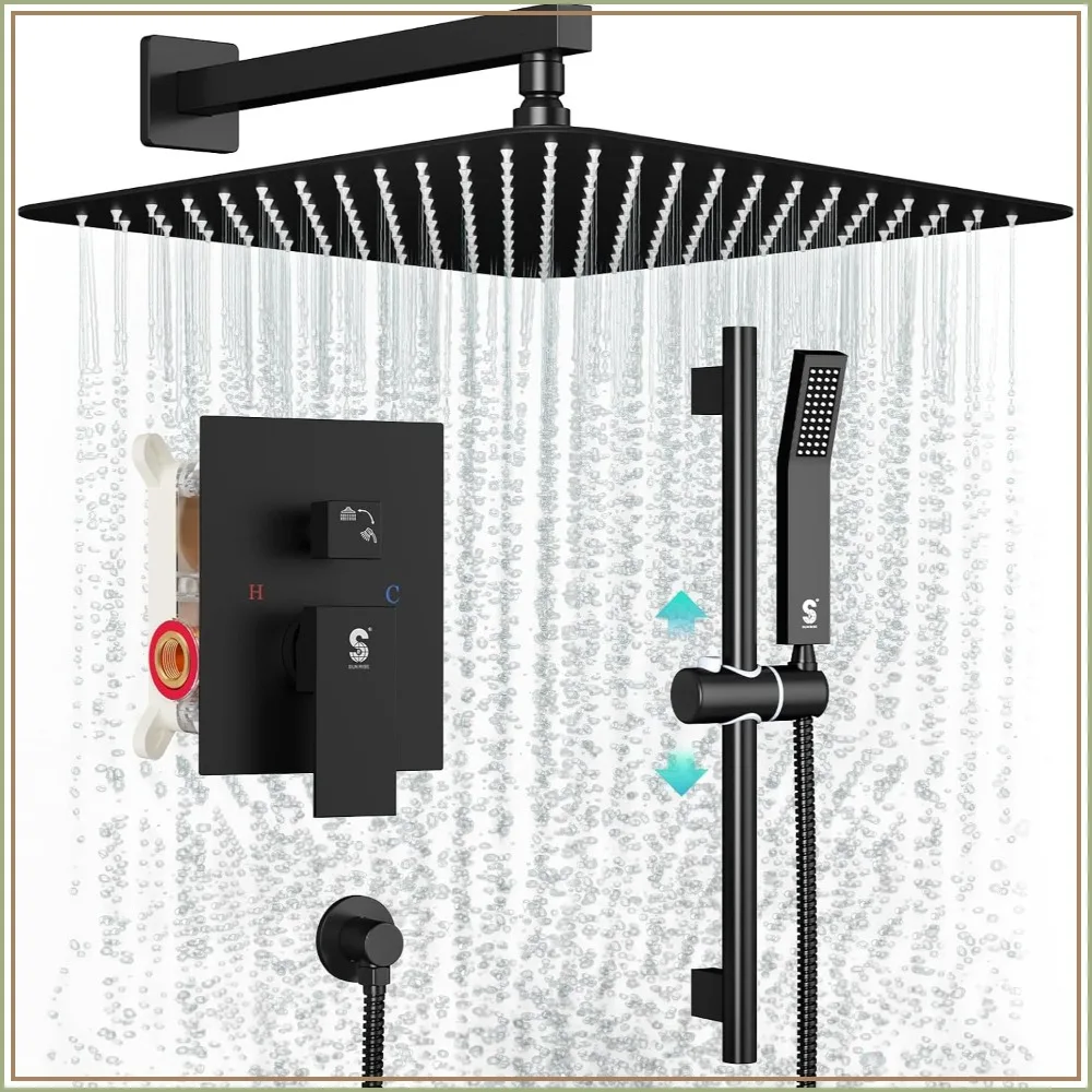 

12 Inch Slide Bar Shower Faucet Luxury High Pressure Shower Heads and Handheld Spray Combo Set Wall Mounted Shower System Included Valve and Trim Kit, Matte Black