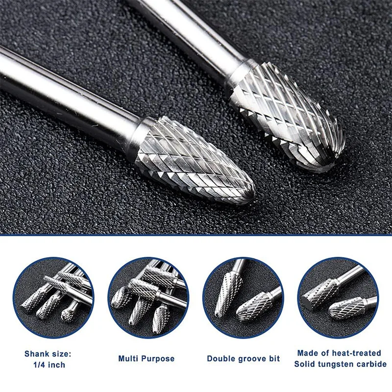 Carbide Burrs Set 10pcs Double Cut Solid Carbide Rotary Burr Set 1/4" Shank Die Grinder Bits For Steel, Metal Carving, Polishing