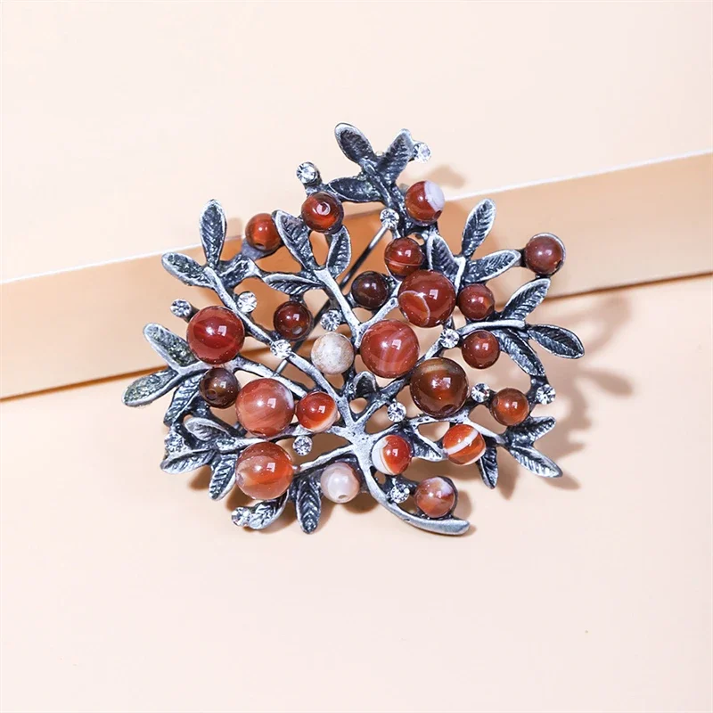 Red Rhinestone Trees Brooch Natural Stone Pin Vintage Bouquet Clothes Clip Brooches and Pins for Women Wedding Accessories