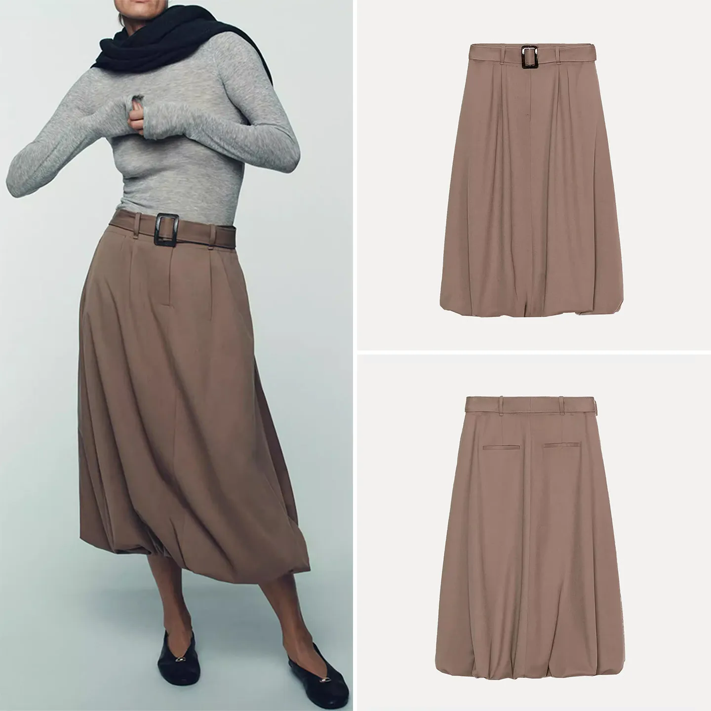 

Z Women's Simple Match Balloon Midi Skirt Belt High Waist Commute Sle No Slit Winter Collection Faion Ladies' Skirts