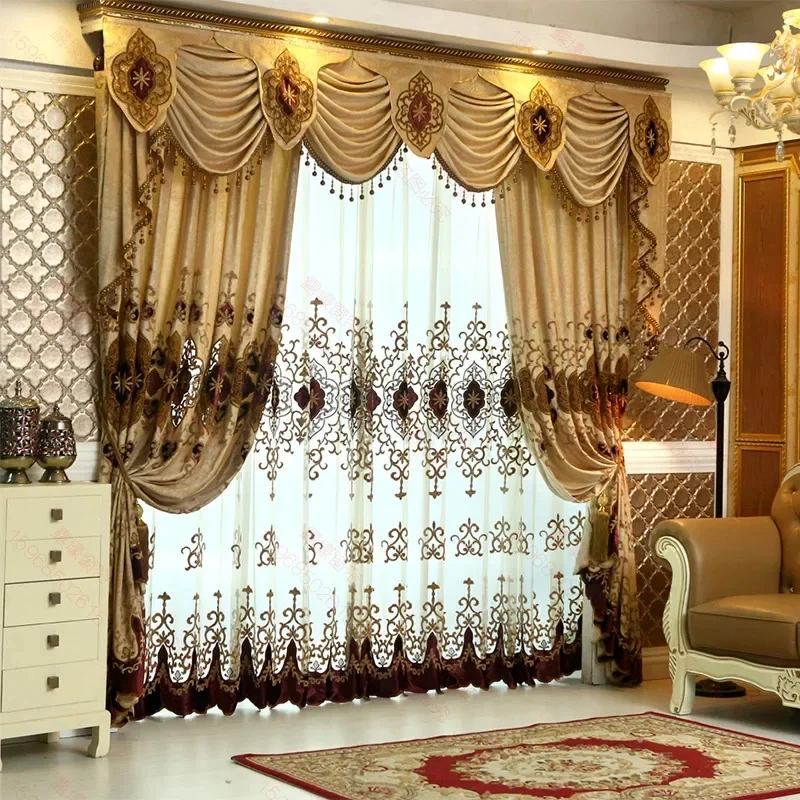 

European Style Luxury Hot Selling Chenille Double Layer Embroidered Curtains for Living Dining room Bedroom Tulle Custom