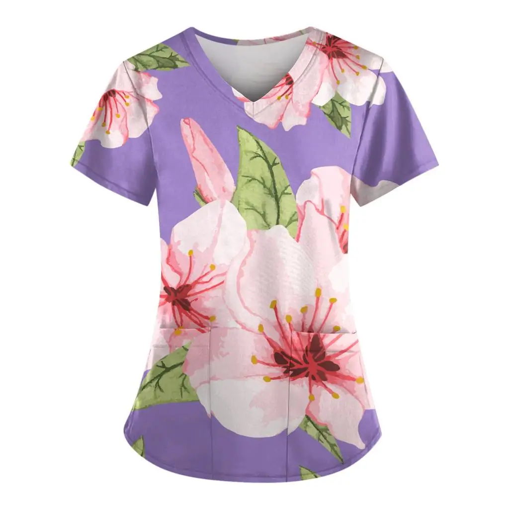 Nurse Uniform Womens Short Sleeve V Neck Chinese Style Flowers Print Working Blouse Pockets Scrubs Work Medical Nursing Uniform