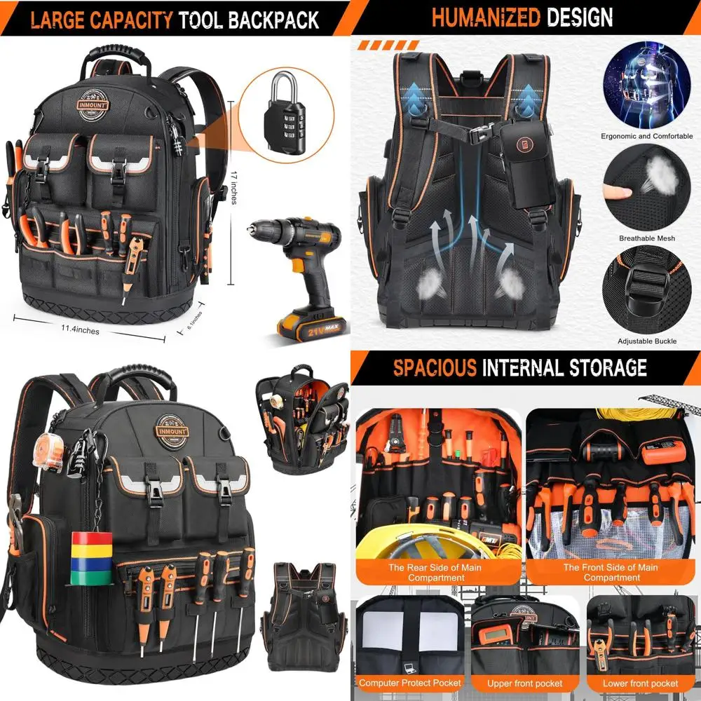 

Rugged Waterproof Electrician Backpack with Laptop Pocket, Tool Organizer, and Combination Lock