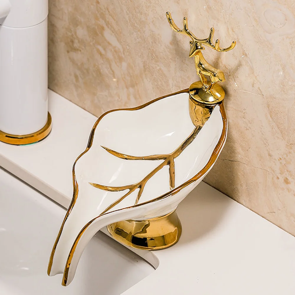 Luxury Ceramics Soap Dish Deer Head Leaf Shape Soap Holder Bathroom Accessories Toilet Drain Soap Rack Tray Storage Box