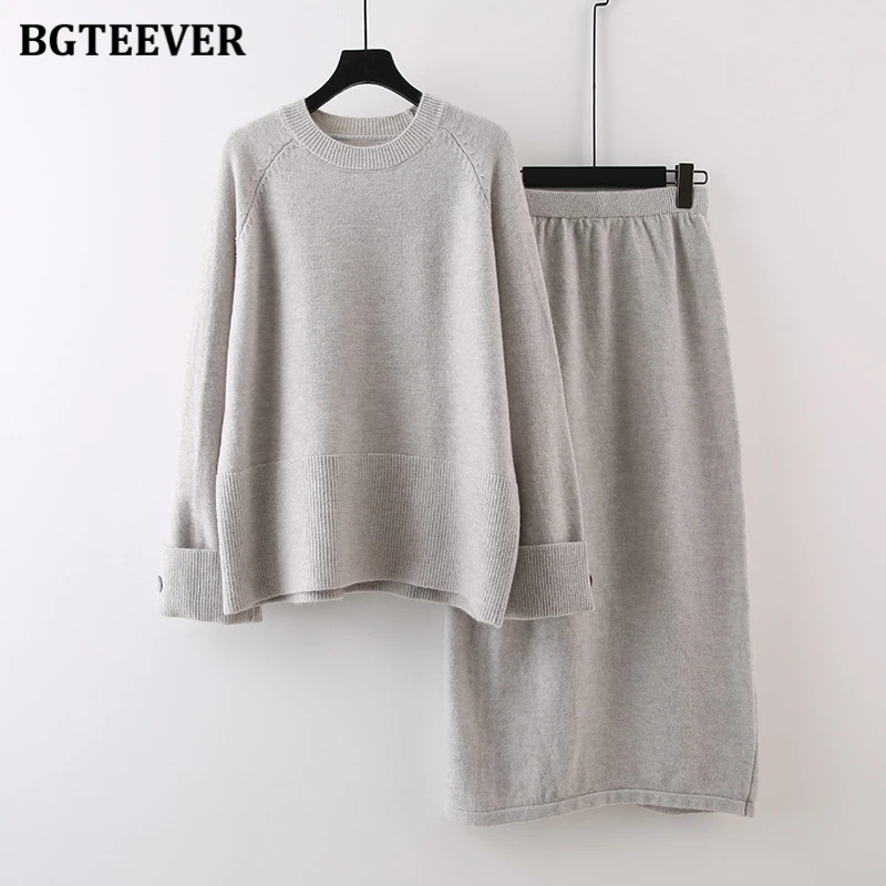 BGTEEVER Autumn Elegant Knitted Skirts Suit Women\'s O-neck Sweater Tops Ladies Straight Skirt Women Two-piece Sets Winter