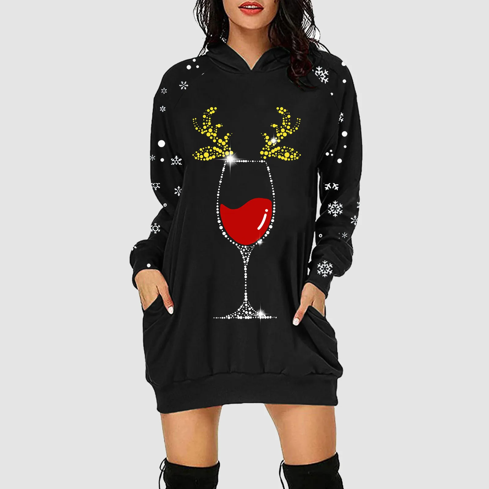 

Christmas Women Hoodie Dress Fashion Red Wine Glasss Print Dress Bag Hip Pocket Pullovers Hoodie Sweatshirt Mini Dress Vestidos