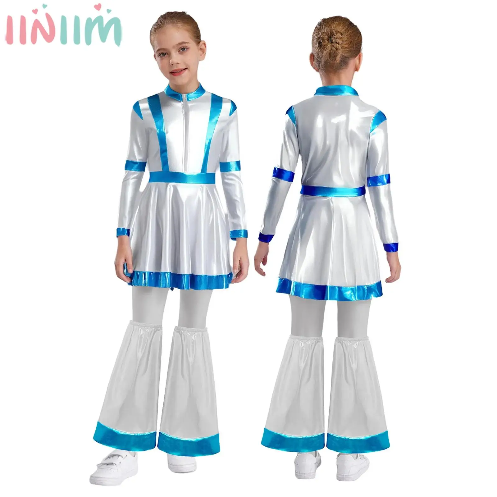 Children Girl Metallic Shiny Alien Cosplay Dress with Leg Covers Halloween Robot Galaxy Traveler Space Warrior Role Play Costume