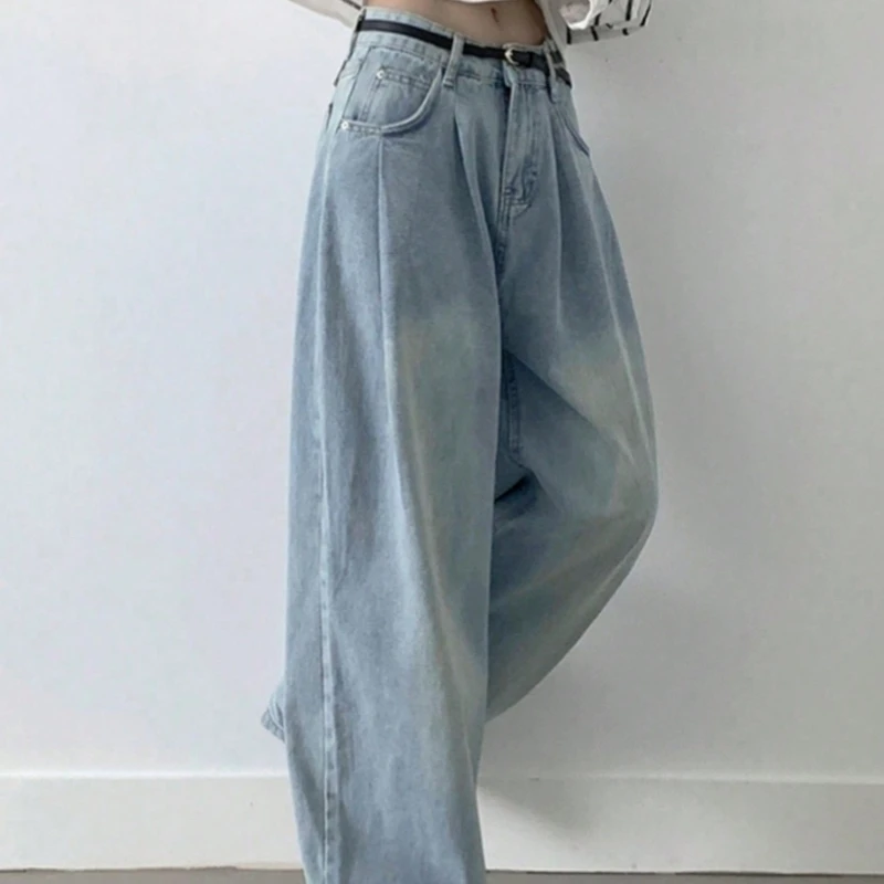 South Dongdaemun Summer Hong Kong Flavor Retro Washed Faded Wide-Leg Pants High Waist Loose Slimming Straight Jeans Women Z313