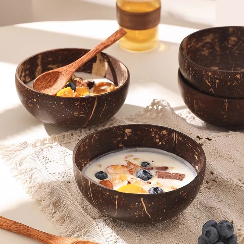 Cuenco de cáscara de coco Natural con cuchara, yogur, postre, azúcar, agua, ensalada de frutas, avena, batido, cuenco ligero para comer