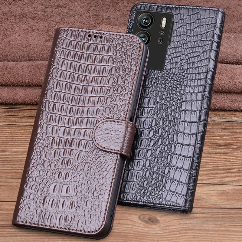 

Hot Luxury Lich Genuine Leather Flip Phone Cases For Zte Axon 40 Ultra Real Cowhide Leather Shell Full Cover Pocket Bag Case