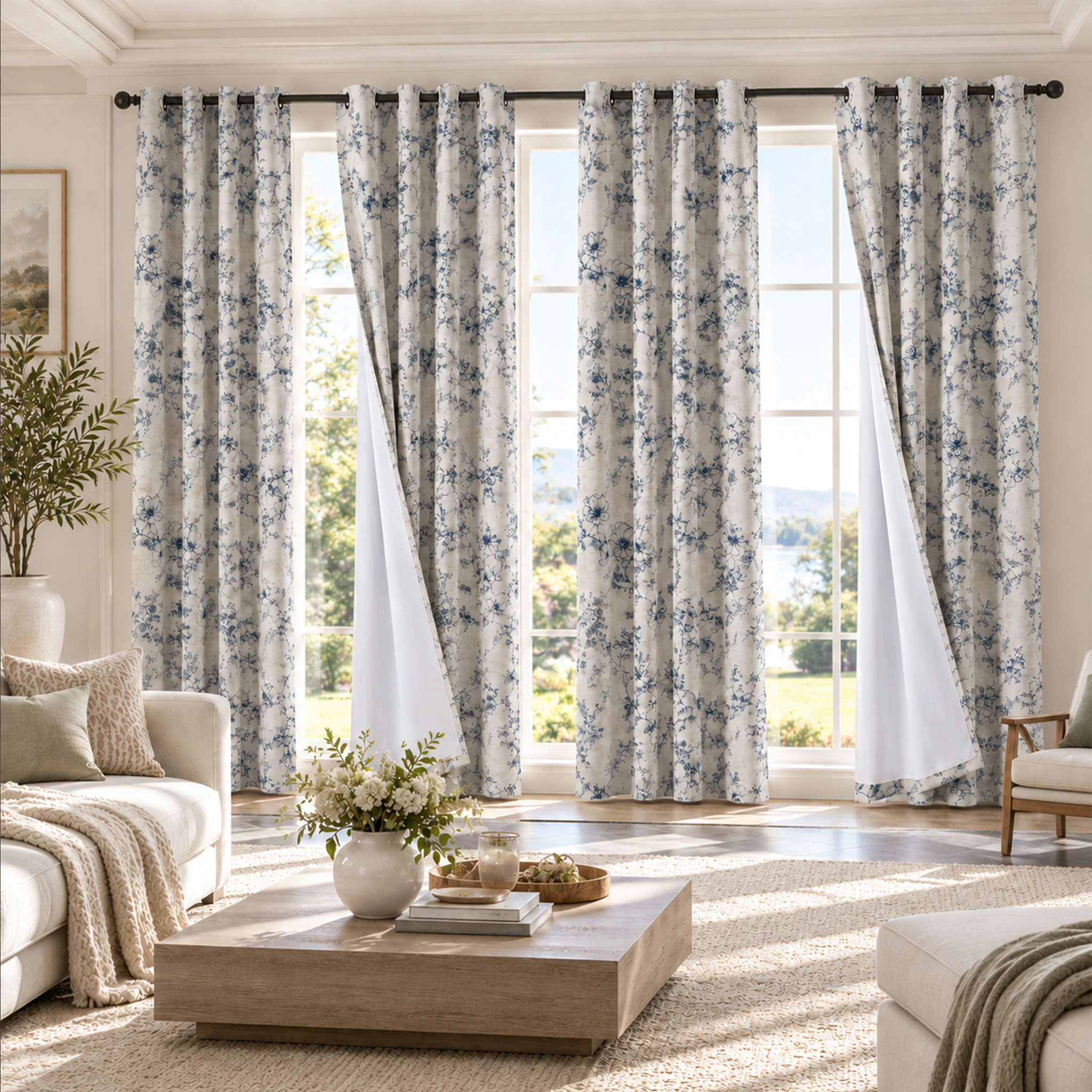 4 Panels Set Floral Print 100% Blackout Curtains, Grommet Eyelet Thermal Insulated Noise Reducing Energy Saving Window Drapes Bedroom Living Room