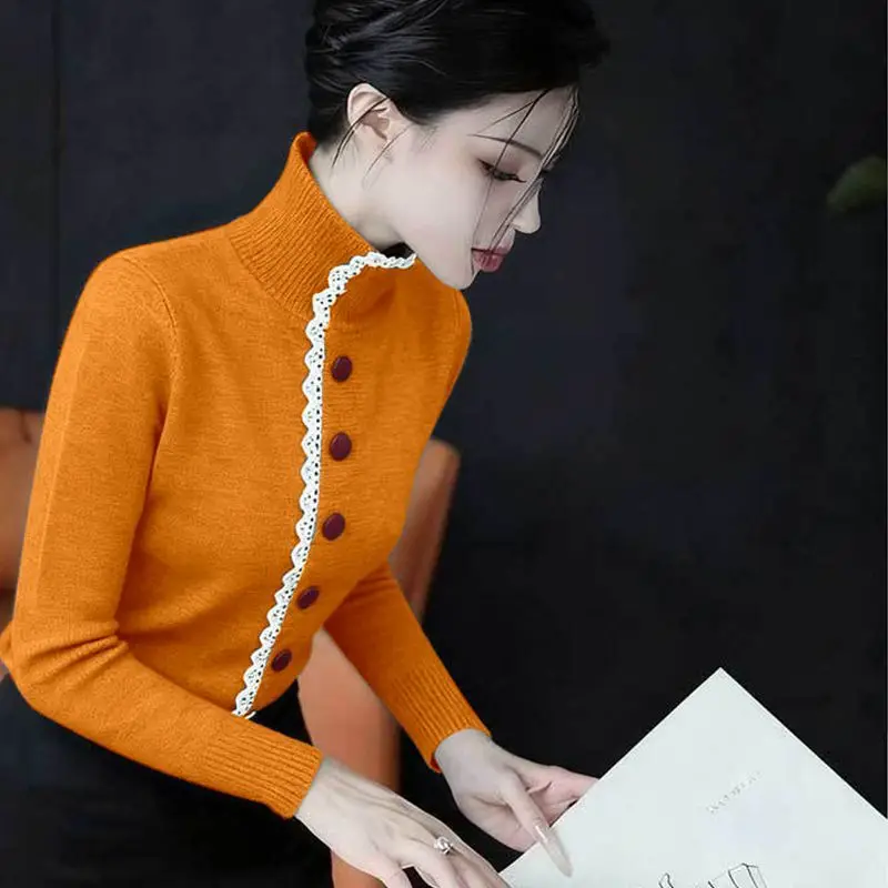 

Korean Sle Lace High Collar Loose Knitted Sweater Casual Versatile New Open Cardigan Long Sve Top for Autumn Winter