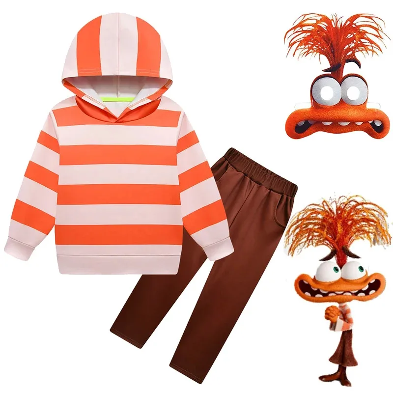 

2025 New Cosplay High Quality iInside-Out 2 Costume Cartoon Anxiety Cosplay Mask Boys Embarrassment Sweatshirt Hoodies+Pants Set