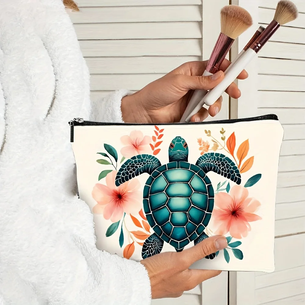 바다거북 꽃무늬 화장품 가방 - 다기능 지퍼 파우치, 보석 보관 가방,