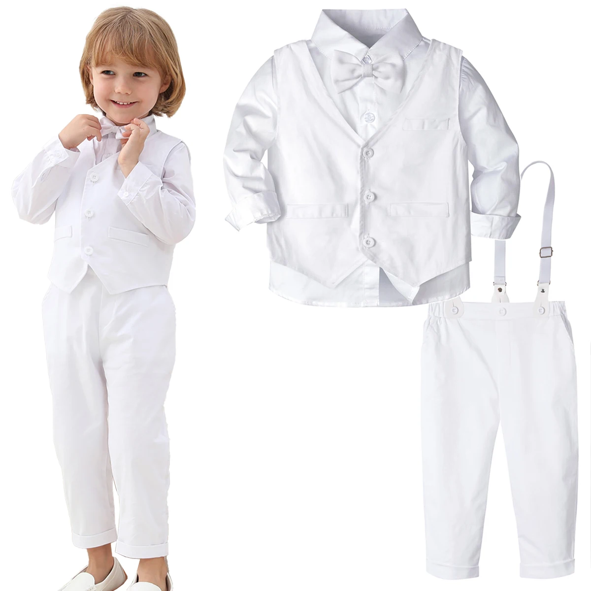 Baby Boy Christening Outfit Toddler Baptism Formal Suspender Dedication Suit 3Pcs Vest Shirt Suspenders 18Months To 6Years White
