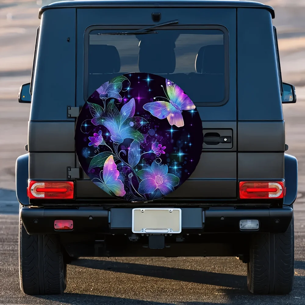 1pc 2D Flat Printing Car Tire Cover COLORFUL BUTTERFLY 100% Polyester Fabric Without Electricity New Year Gifts Suitable For RV