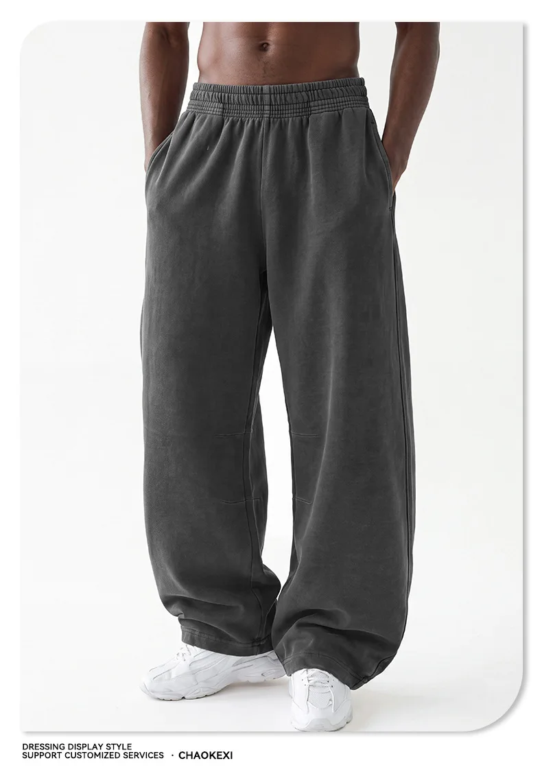 Baumwoll-Looped-Curved-Mesh-Cut-Hose, Blau, Vintage-Waschung, Barrel-Sweatpants, Clean Fit, Elastischer Bund, Weite Beine, Sweatpants für Herren – Detail 11