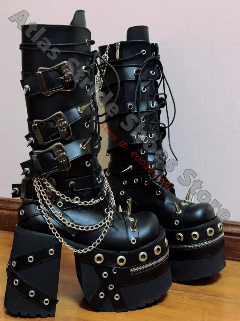 Black Gothic Platform Mid Calf Boots Multi Buckle Metal Spike Chain Decor Side Zip Punk Alternative Fashion Chunky Heel Shoes