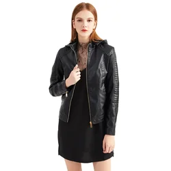 Chaqueta de piel sintética con capucha extraíble para mujer, abrigo corto de motociclista, abrigo de bombardero Delgado informal de PU, moda de otoño e invierno