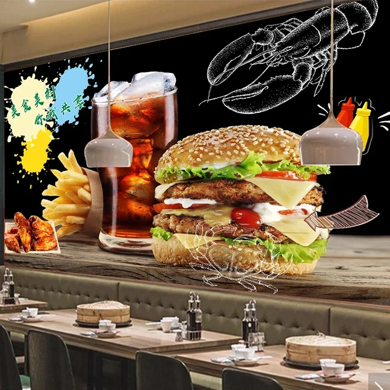 Custom Size Fast Food Hamburg Cola Photo Wall Paper Restaurant Cafe Burger Shop Wall Decoration Poster Mural Papel De Parede 3D