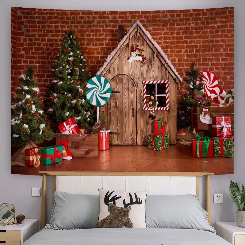VIKAMA Red Curtain Snow Scene Christmas Tapestry, Elegant Wall Hanging Background Cloth for Dramatic Living Room Decor