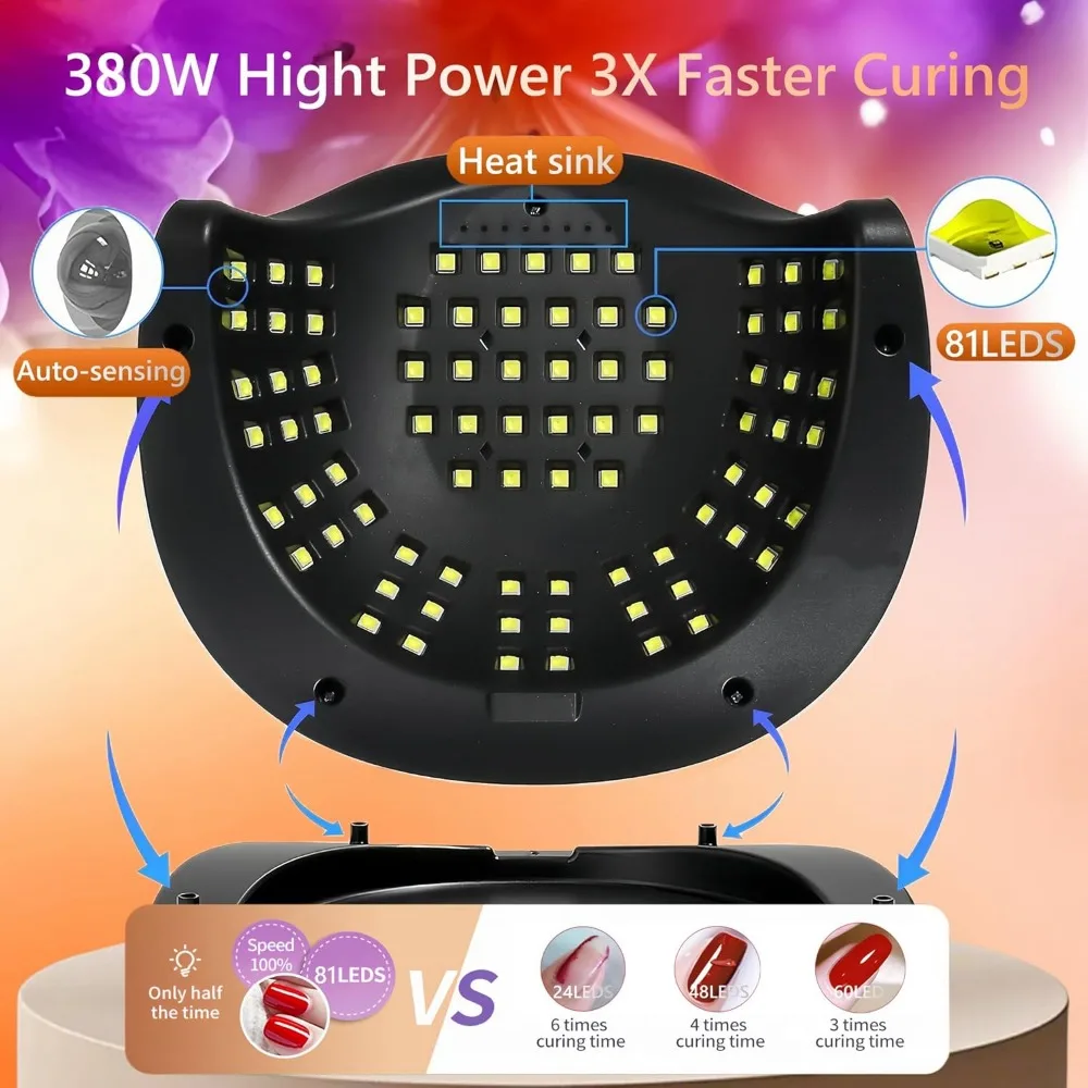โคมไฟเล็บ UV LED พร้อมลูกปัด 81 ดวง, 380W โคมไฟบ่มเล็บสำหรับเจลขัดเงาพร้อมเซ็นเซอร์อัตโนมัติ/ตั้งเวลา 4 ตัว, เครื่องเป่าเล็บ LED, Prof