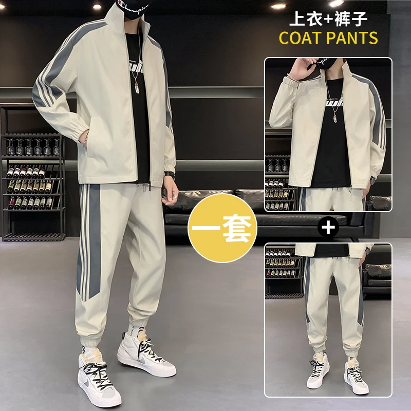 Men Sets Jogging Sports Suit Tracksuit Harajuku Outfit Autumn Men\'s Sportswear Solid Casual Jacket+Pants Two Pieces Clothing