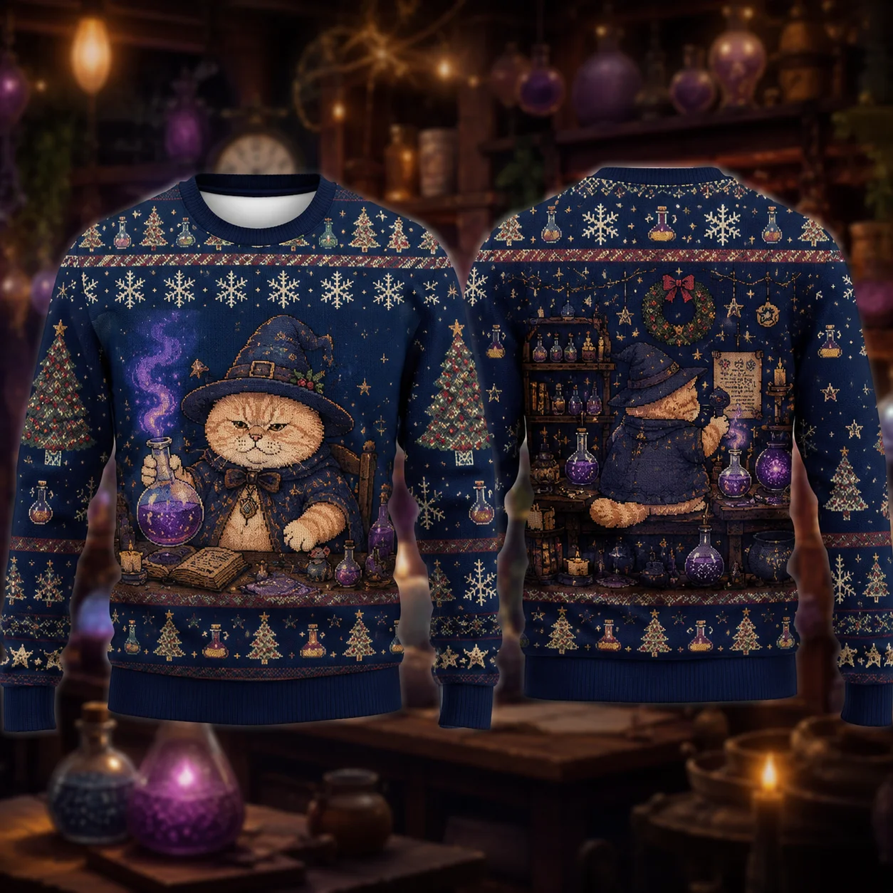 Ugly Christmas Sweater Funny Wizard Cat Crewneck Sweatshirt Polyester 3D Print Magic Kitty Holiday Pullover Gift Men Women