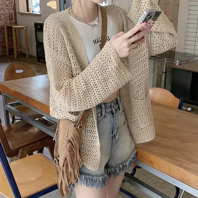 Sweter z dzianiny Pointelle z długim rękawem i otwartym przodem dla kobiet Cover-Up Wiosna Lato Teengirl Casual Outfit
