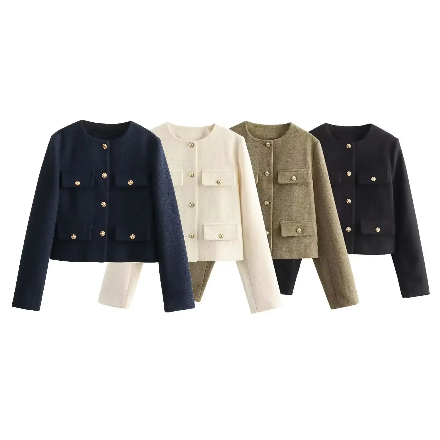 Tangada 2023 Autumn Winter Women Tweed Jacket Pocket O Neck Female Tassel Crop Coat AB229