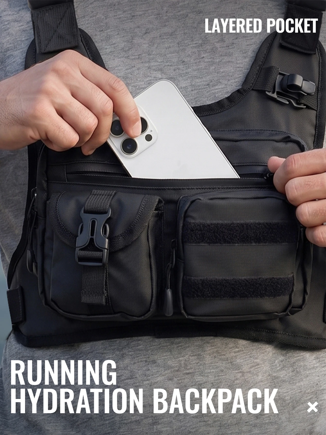 WRELS Hydration-Laufweste, Brusttasche, atmungsaktiv, wasserdicht, mit mehreren Fächern, Sporttasche für Wanderungen, Radtouren und Marathons. – Detail 3