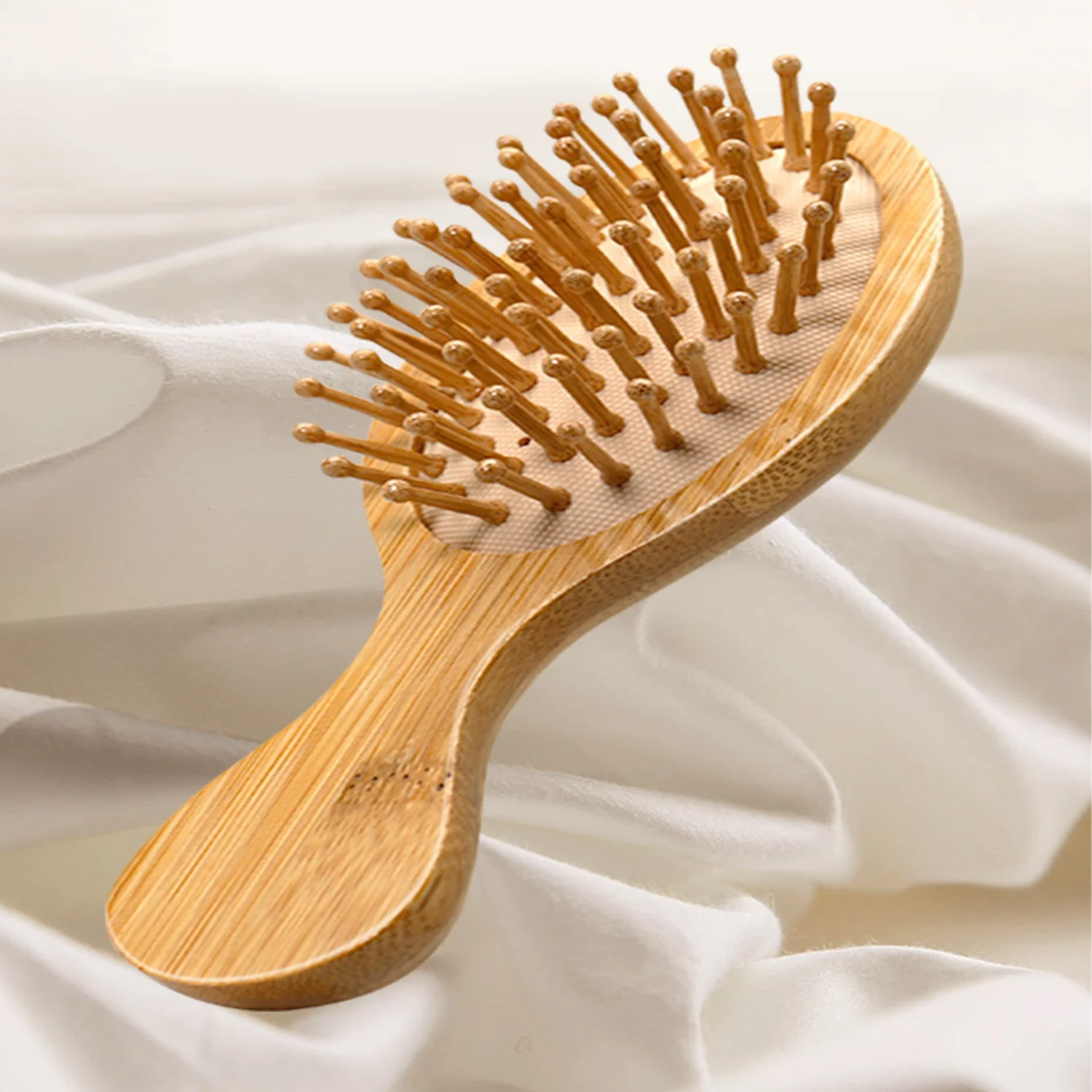 1 Pc Compact Bamboo Air Cushion Comb, Convenient To Carry, Mini Size Comb With Handle ,Natural Bamboo Comb Paddle Detangling Hai