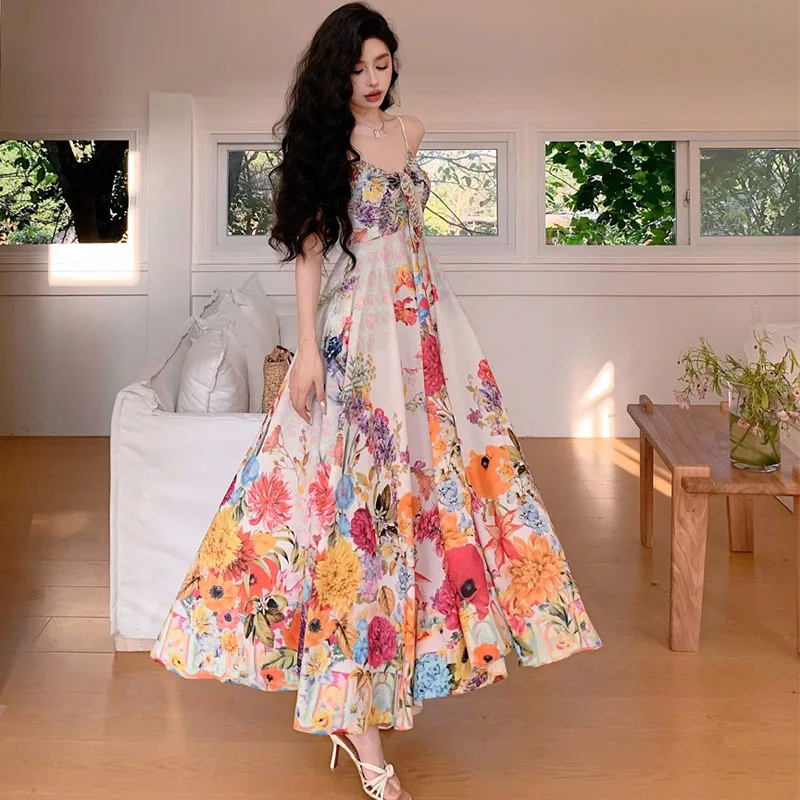 Holiday Beach Sling Party Long Dress For Women Summer Flowers  Print Chiffon Sexy V-Neck Backless Casual Boho Party Dress