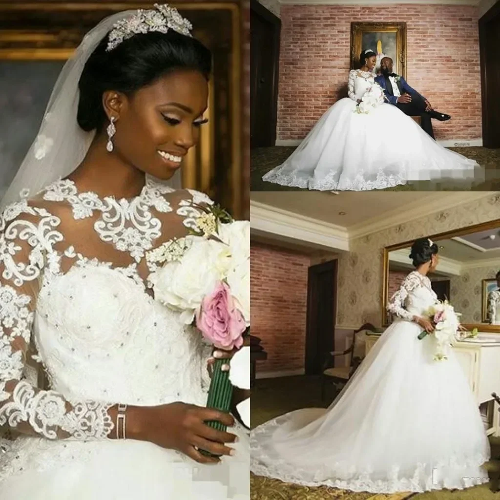 Customized  O-Neck Shinny Appliques Crystals  Wedding Dress Vestido De Casamento Long Sleeves African Country Bridal Gowns