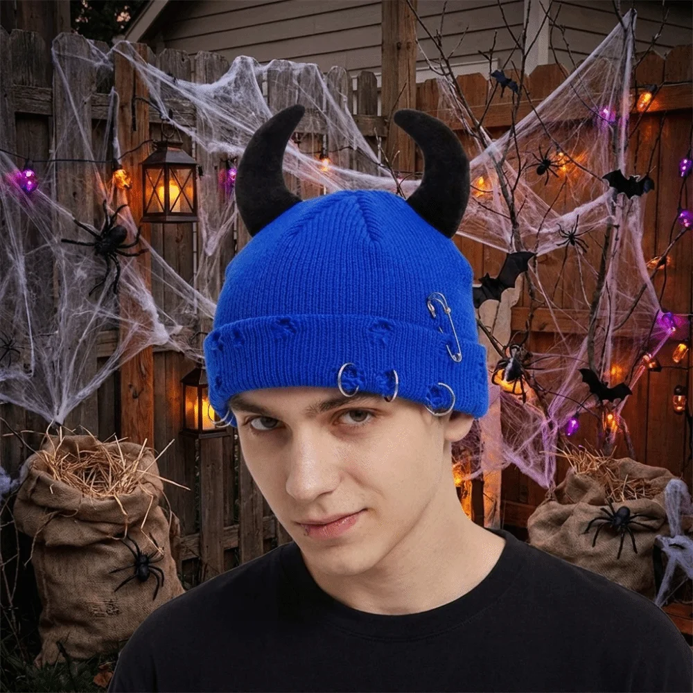 Fashion Yarn Devil Horns Hat Distressed Adjustable Winter Pullover Cap Warm Hip Hop Knitted Beanie Female/Male