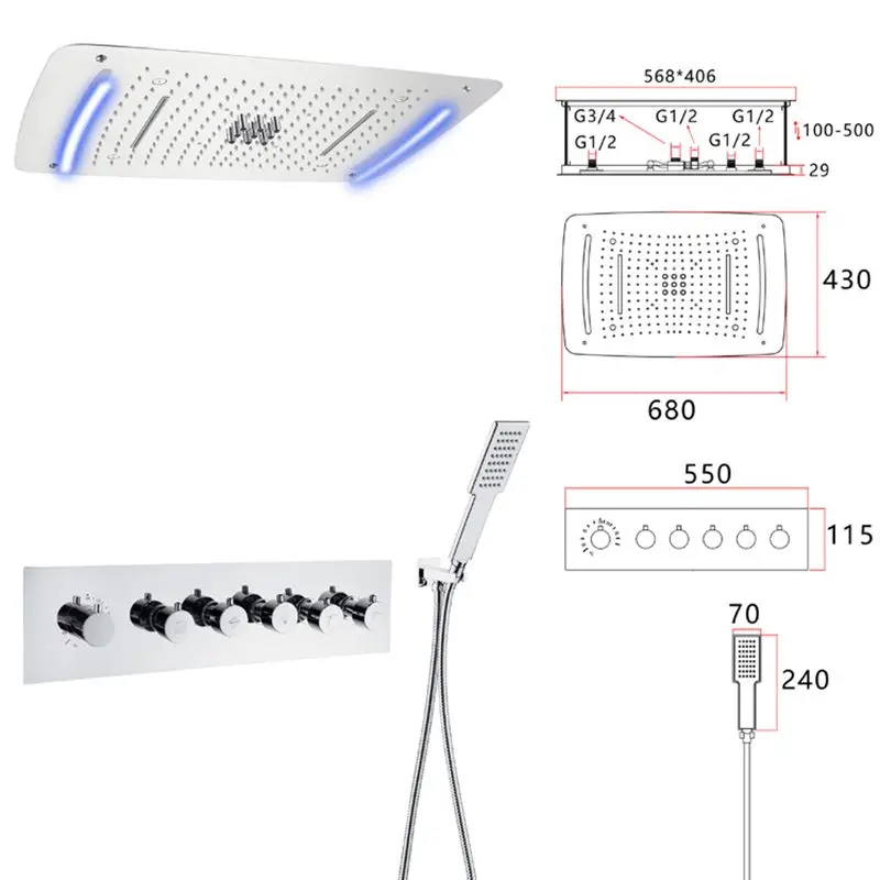 

Ceiling Embedded 680*430mm Led Shower Head with Digital Display Rain Waterfall Bathroom Thermostatic Shower Faucet Set