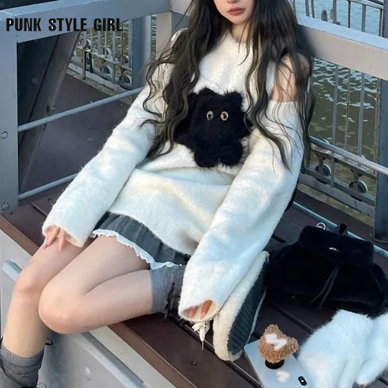 2025 mode Kawaii Y2K sweter wanita kucing putih bahu terbuka pullover rajut Harajuku ukuran besar kartun Vintage musim gugur atasan