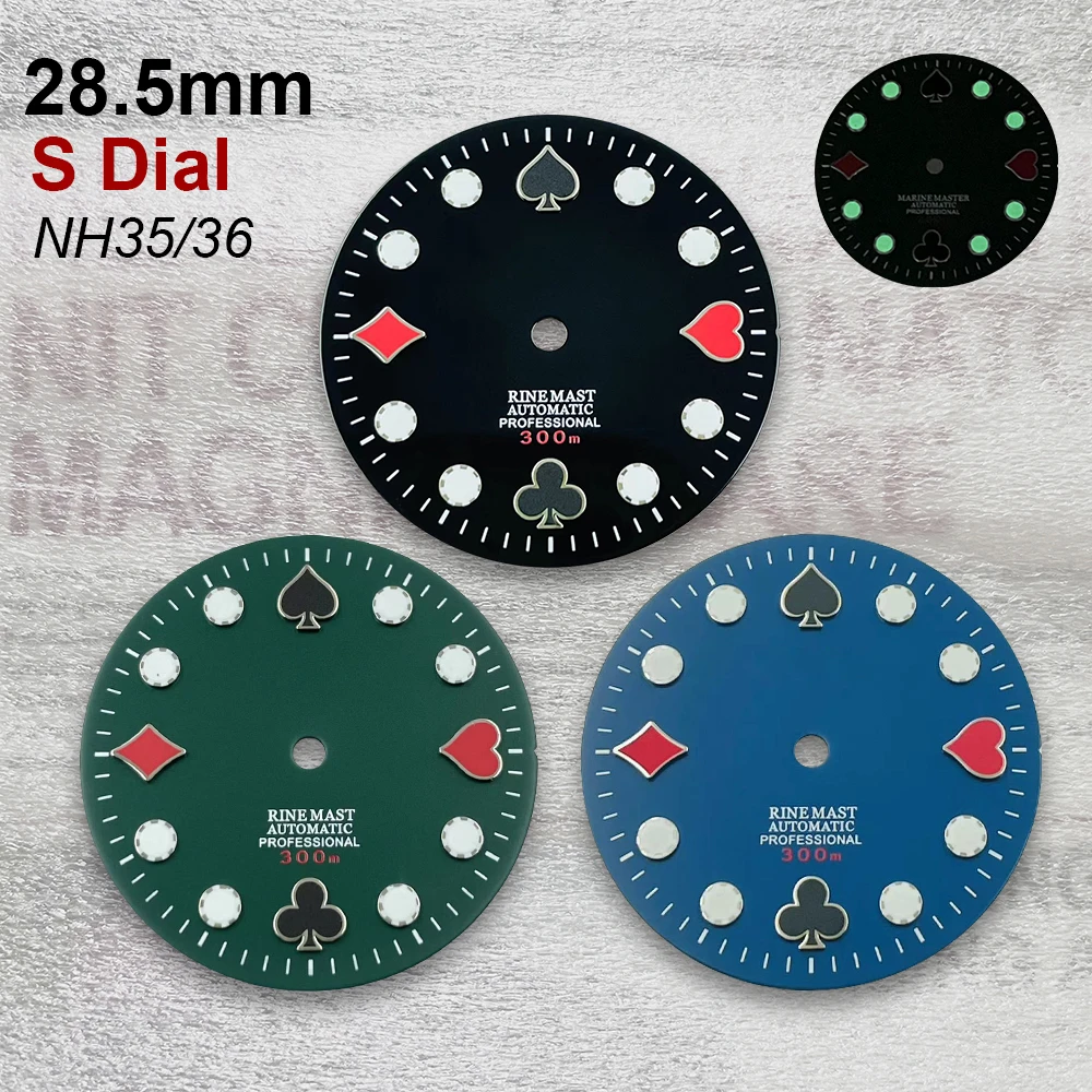 

28.5mm S Logo Poker Dial Fit NH35/NH36/4R/7S Automatic Movement Green Luminous High Quality Watch Modification Accessories