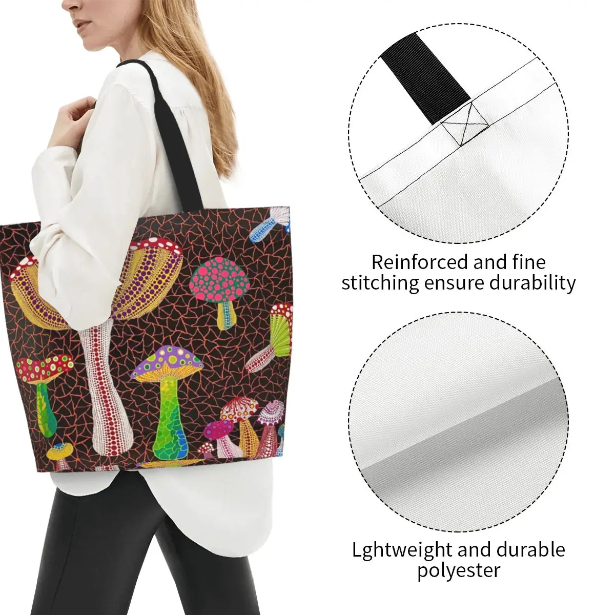 Abstrato Art Tote Shopping Bag, lona lavável, impressão personalizada, Yayoi Kusama, Toadstools, Shoulder Shopper Handbag