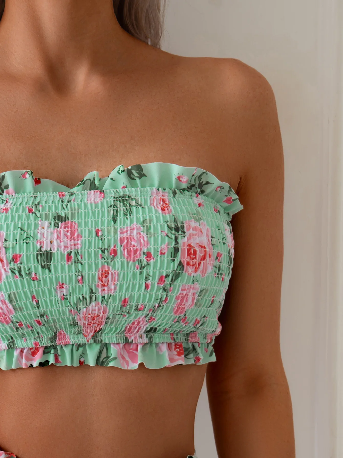 2025 Bandeau Bikini Set Women's Printed Off Shoulder High Waist Swimsuit Tummy Control Two Piece Bathing Suit for Beach Outfits