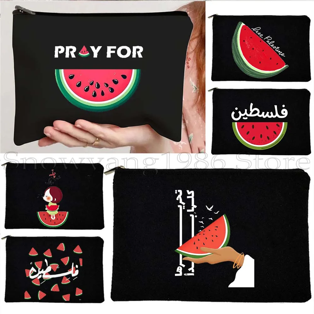 

Cute Kawaii Watermelon Art Paintings Arabic Gifts Al Aqsa Mosque Canvas Cosmetic Bag Makeup Lipstick Storage Pouch Pencil Case