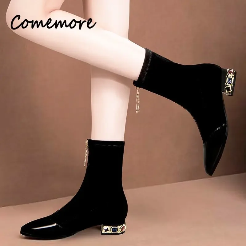 Comemore Short Sock Boots Woman Boot Spring Rhinestone Square Mid Heel Women\'s Winter Shoes Luxury Female Footwear Zapatos Mujer