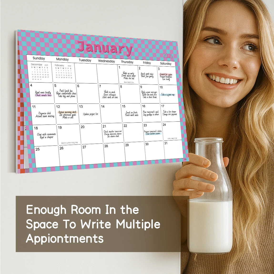 تقويم الثلاجة المغناطيسي الملون لعام 2026 - وسادة مخططة شهرية لمدة 12 شهرًا، تصميم شبكة باستيل لطيف